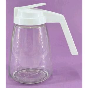 Vintage Federal Housewares Glass W/White Lid Handle Syrup Sugar Dispenser Jar